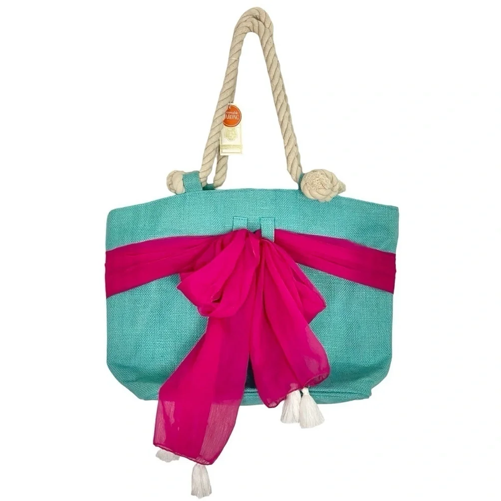 Mud Pie Jute Beach Bag Removable Sarong Turquoise Pink Zip Close 18” x 13” New